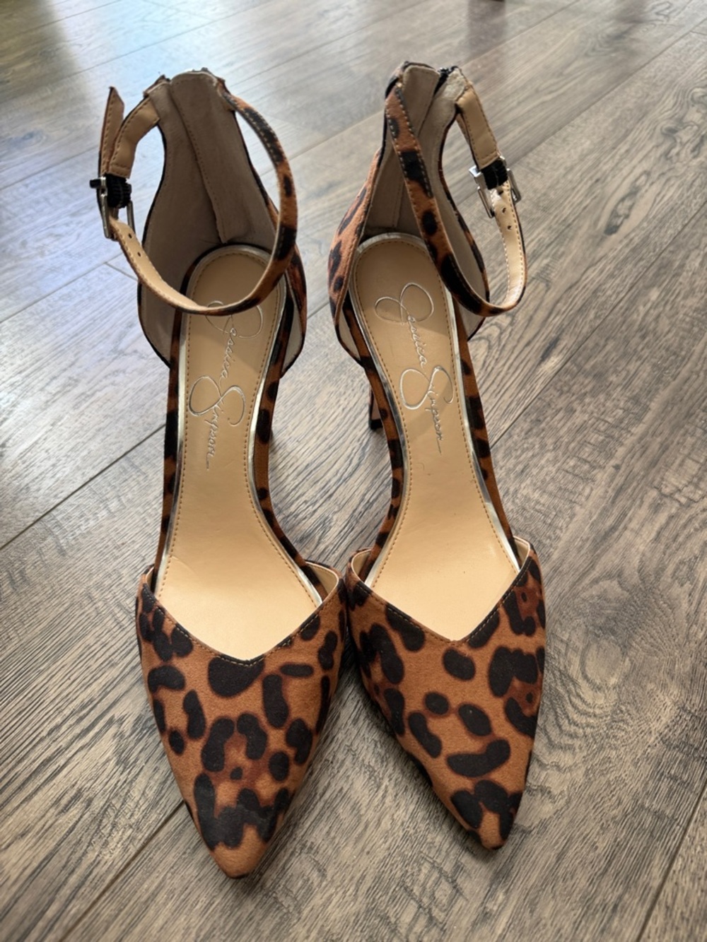 Jessica Simpson Leopard Print Pointed-Toe Ankle-Strap Heels - Brown/Black Sz 8.5